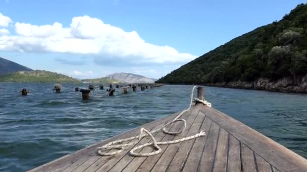 Ksamil Albania Small Mussel Fishing Boat Motors Out Mussel Beds — Vídeo de stock
