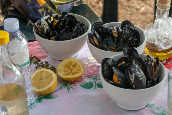 Ksamil, Albania Mussels served in a beachside restaurant.