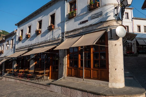 Gjirokaster Albania Main Shopping Street Old Bazaar Old Town Logos — Foto de Stock