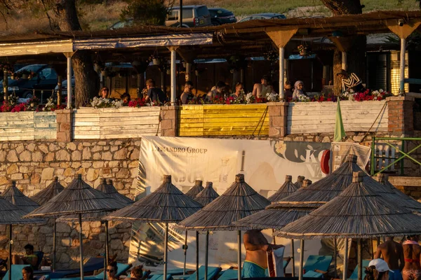 Ksamil Albania Restaurant Guests Eating Local Beach Summer — стоковое фото