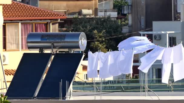 Ksamil Albania Solar Panel Laundry Drying Rooftop — 图库视频影像