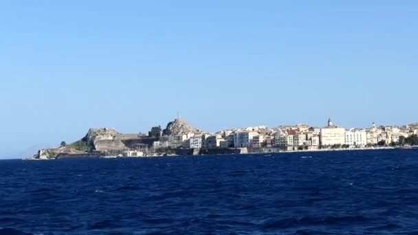 Corfu Greece Skyline Corfu Seen Approaching Ferry — 图库视频影像