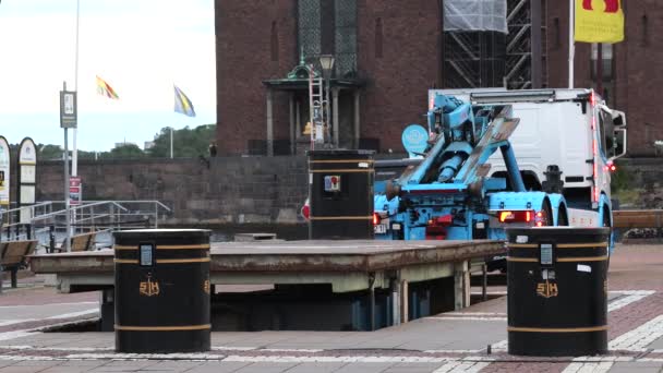 Stockholm Sweden Truck Installs Garbage Container Underground Garbage Collection System — Stockvideo