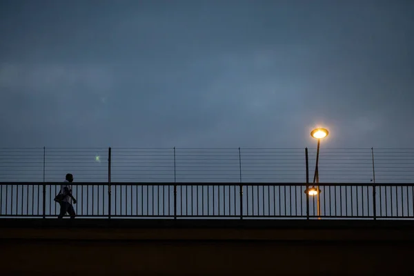 Stockholm Sweden Person Walks Vasterbron Western Bridge Early Morning — стокове фото