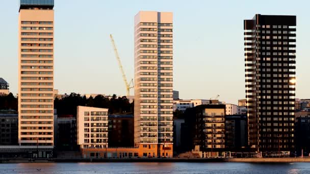 Stockholm Sweden Sun Rises Liljeholmskajen Neighborhood High Rise Apartment Buildings — Wideo stockowe