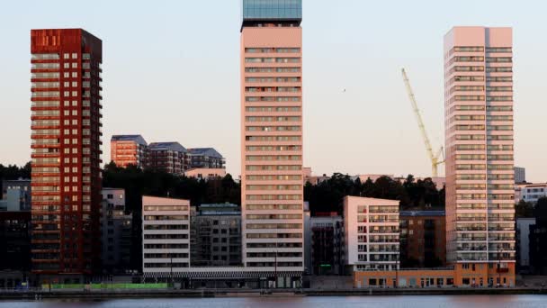 Stockholm Sweden Sun Rises Liljeholmskajen Neighborhood High Rise Apartment Buildings — Stock video