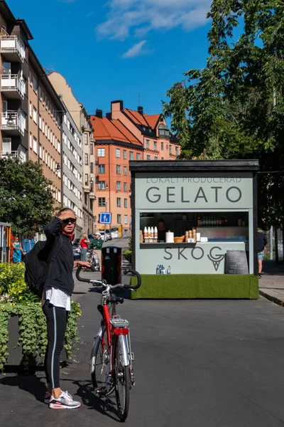 Stockholm Sweden Woman Stands Bicycle Front Ice Cream Stand Nytorget — Photo