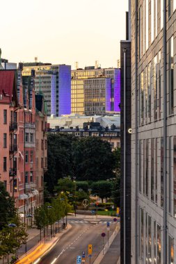 Stockholm, Sweden A view of the blue Hotorget buildings over  Torsgatan.