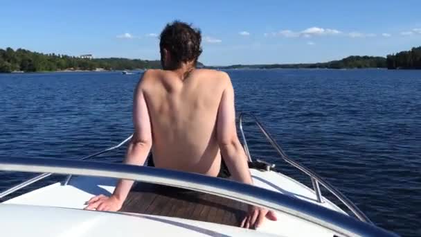 Stockholm Sweden Man Sits Bow Motorboat — ストック動画
