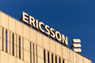 Stockholm, Sweden The facade and sign of the Ericsson global corporate headquarters in Kista.