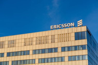 Stockholm, Sweden  The facade and sign of the Ericsson global corporate headquarters in Kista.