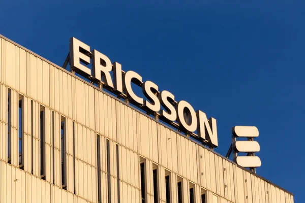Stockholm, Sweden The facade and sign of the Ericsson global corporate headquarters in Kista.