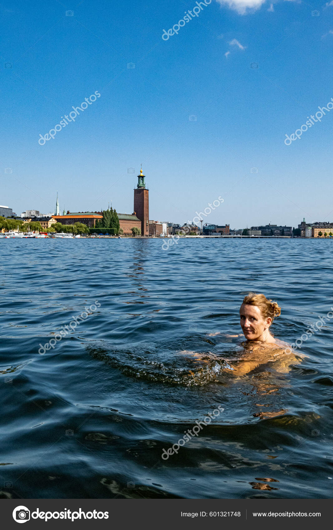 Stockholm Sweden Woman Baths Riddarjarden Downtown Next City Hall Stock