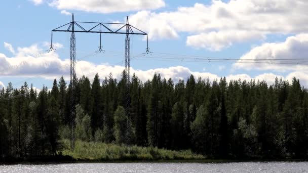 Arvidsjaur Sweden Power Lines Cross Small Lake Wilderness — 图库视频影像