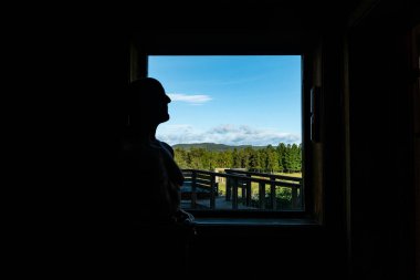 Sorsele,Sweden A man in a sauna with a window over Swedish Lappland.