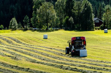 Umea, Sweden A tractor plows a field to make hay bales.