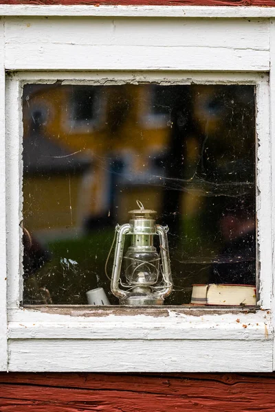 Skelleftea Sweden Old Oil Lamp Sits Window Red Barn — 스톡 사진
