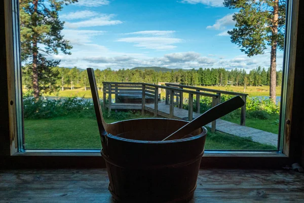 Sorsele Sweden Water Bucket Laddle Sauna Window Swedish Lappland — Zdjęcie stockowe
