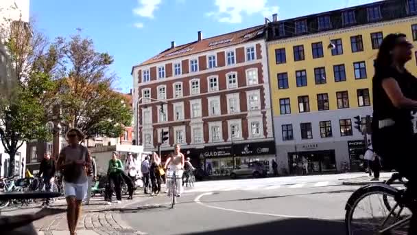 Copenhagen Denmark Pedestrians Bicyclists Vasterbrogade Afternoon — стоковое видео