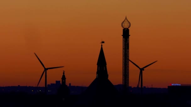 Copenhagen Denmark Sunrise Skyline Wind Turbines Spinning — Stock video