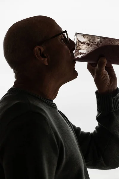 Middle Aged Man Glasses Drinks Smoothie — Stock Photo, Image
