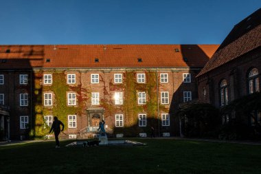 Kopenhag, Danimarka Bir kadın köpeğini eski Frederiksberg Adliyesi 'ndeki sarmaşık bahçesinde gezdiriyor.