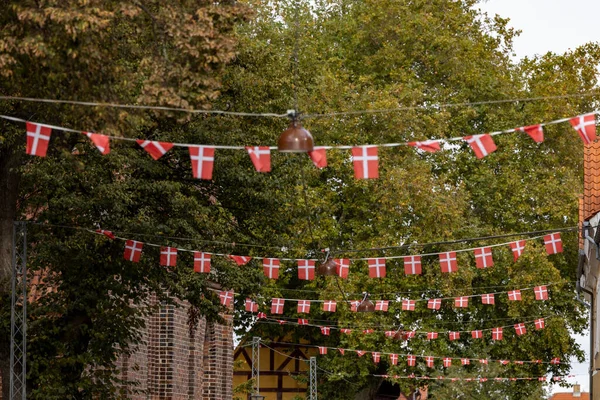Koge Dänemark Dänische Ornamentfahnen Über Der Haupteinkaufsstraße — Stockfoto