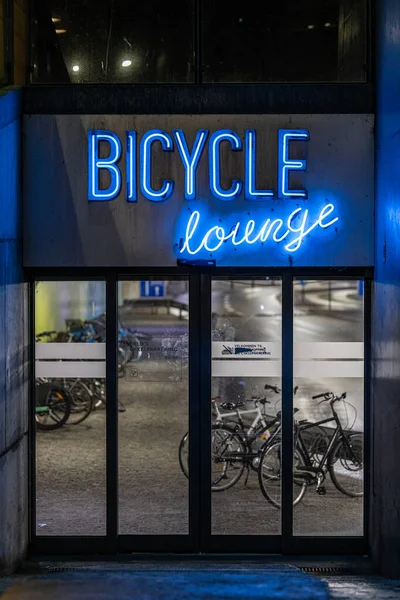 Kopenhagen Dänemark Ein Schild Für Eine Fahrradlounge Blauem Neon Oder — Stockfoto