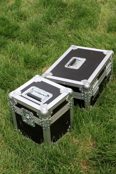 Yeşil çim üzerinde gümüş teneke kutu — Stok fotoğraf
