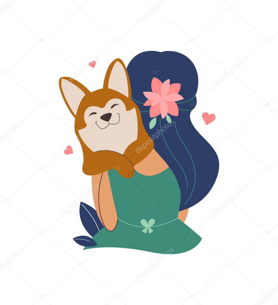 The design is a woman and dog in love. The puppy is a husky love is good for friendship and pet day, sticker, National days, shirts, holiday cards. The vector illustration....