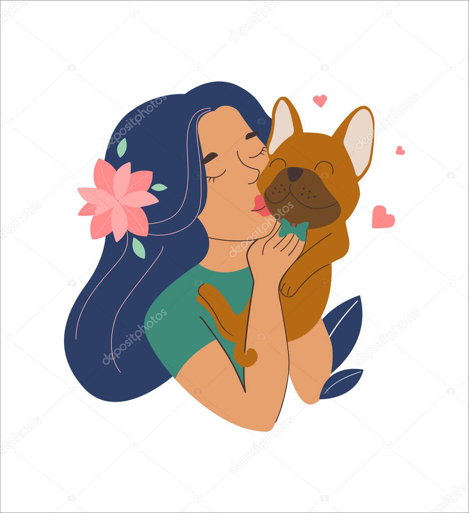 The cartoon girl and dog in love is good for friendship and pet day. The puppy is a bulldog for poster, sticker, National days, holidays. The vector illustration