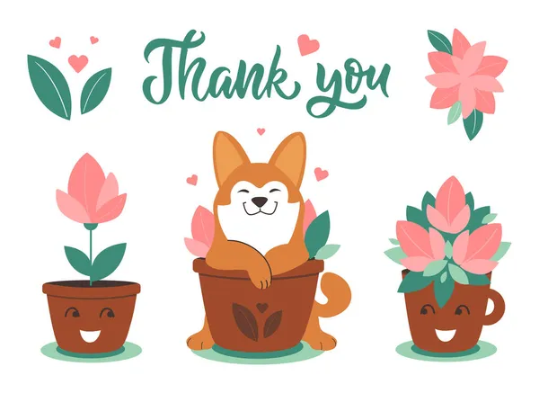 Il cane dei cartoni animati Husky con piante in vaso. La clipart set con cucciolo — Vettoriale Stock