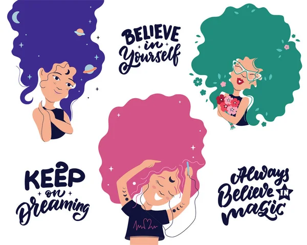 Das Set Von Cartoon Mädchen Mit Mehrfarbiger Frisur Die Kollektion — Stockvektor