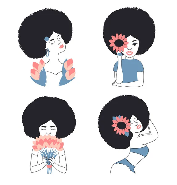 Afro-Mädchen mit Sonnenblumen und Tulpen. Die schwarzen Frauen — Stockvektor