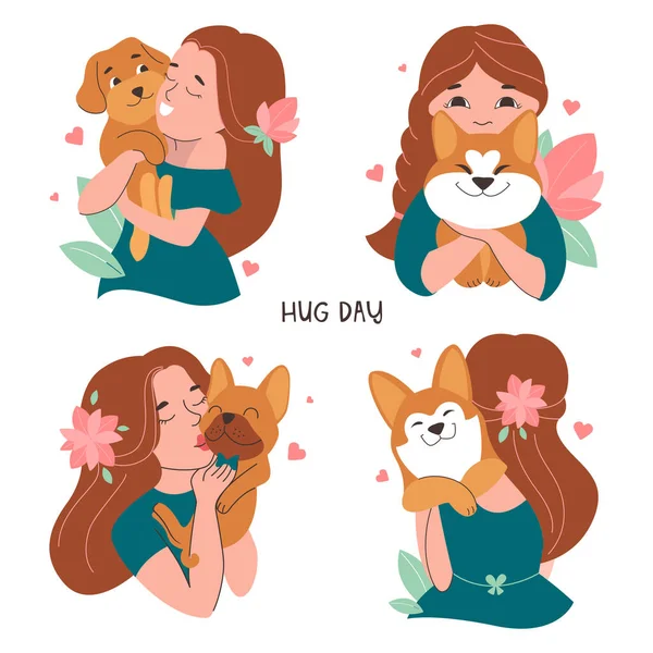 Conjunto Pegatinas Con Chicas Abrazando Perros Bueno Para Día Del — Archivo Imágenes Vectoriales