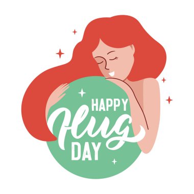 Tasarımcı kız sarılma çemberi ve harf cümlesi. Slogan, Mutlu Sarılma Günü