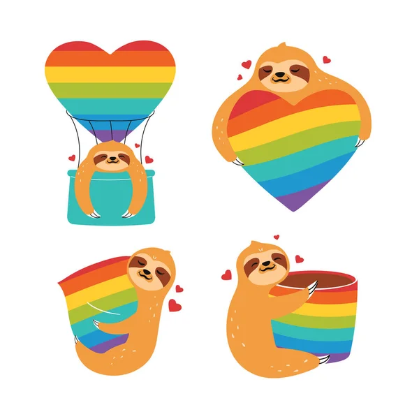 La serie di bradipi sta abbracciando cuori arcobaleno. Gli animali da collezione per il giorno dell'arcobaleno — Vettoriale Stock