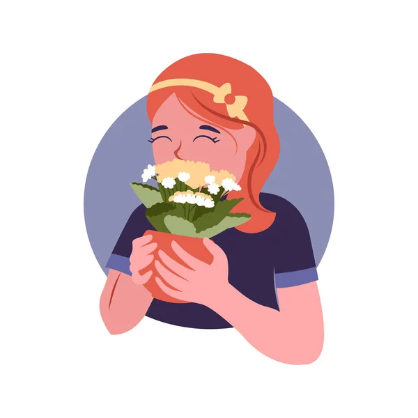 La rousse tenant du kalanchoe renifle joyeusement. Le pot de la plante et femme heureuse — Image vectorielle