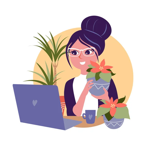 Die Geschäftsfrau hält einen Pflanztopf in der Hand und sitzt neben einem Laptop. Das brünette Mädchen und Weihnachtssterne — Stockvektor