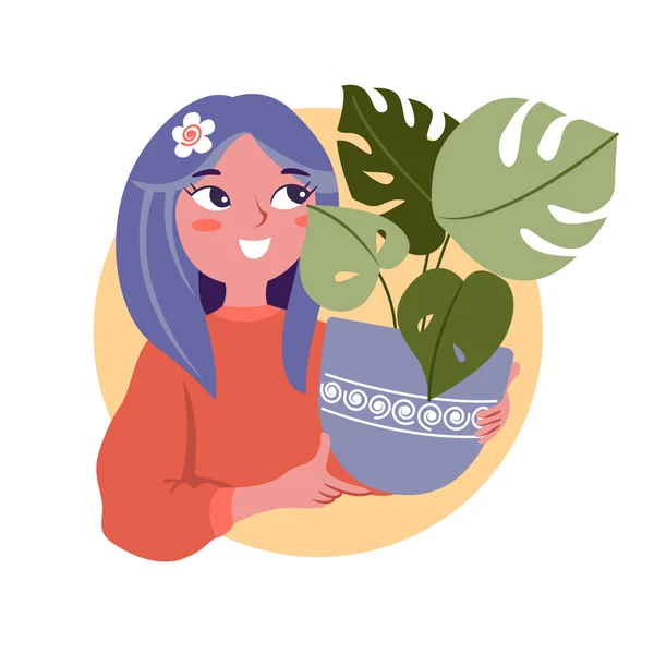Счастливая женщина любит держать горшки с растениями. Домашние цветы чудовища и волшебная сказка — стоковый вектор