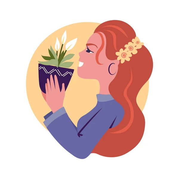 那个红头发的女孩拿着一个花盆，高兴极了。房子开花了，宁静的百合花。那个快乐的女人 — 图库矢量图片
