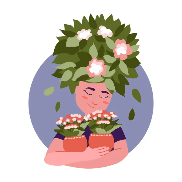 Die glückliche Frau liebt heimische Blumen und umarmt Töpfe. Das Haus pflanzt Topf kalanchoe und gardenia — Stockvektor