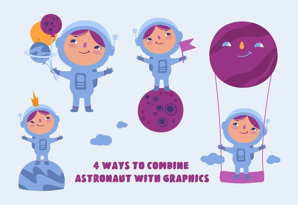 Çizgi filmdeki astronot kızlar. Dış uzay ve gezegenler vektör çizimleridir. Kozmik karakterler — Stok Vektör
