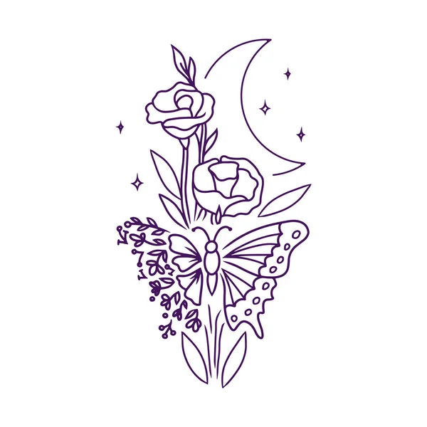 Dit is een lijn kunst collage met bloemen, vlinders, en de maan. Het magische logo, tattoo, doodle design — Stockvector