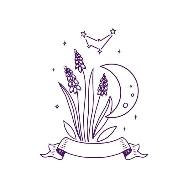 Dit is een lijn kunst collage met bloemen en de maan. Het magische logo, zodiac tattoo — Stockvector