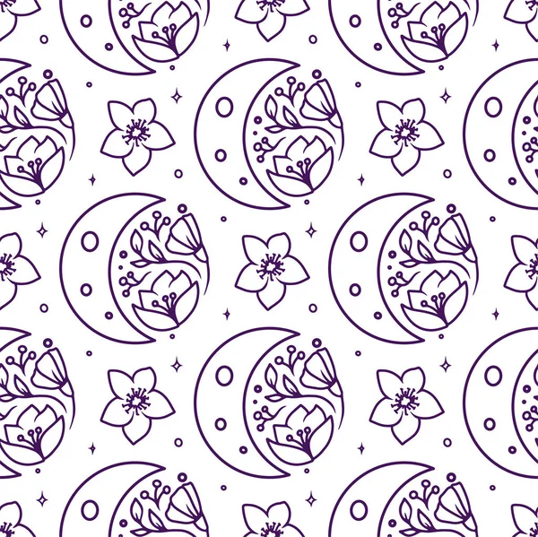 This is a seamless pattern with flowers and a moon. The doodle background, line art print