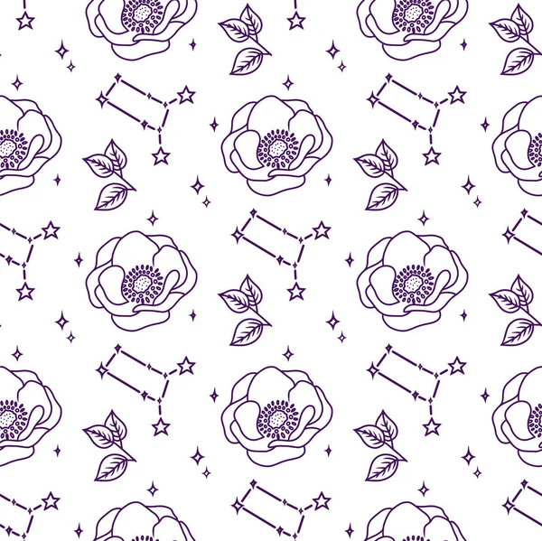 This is a seamless pattern with magic flowers and a zodiac. The doodle background, line art print