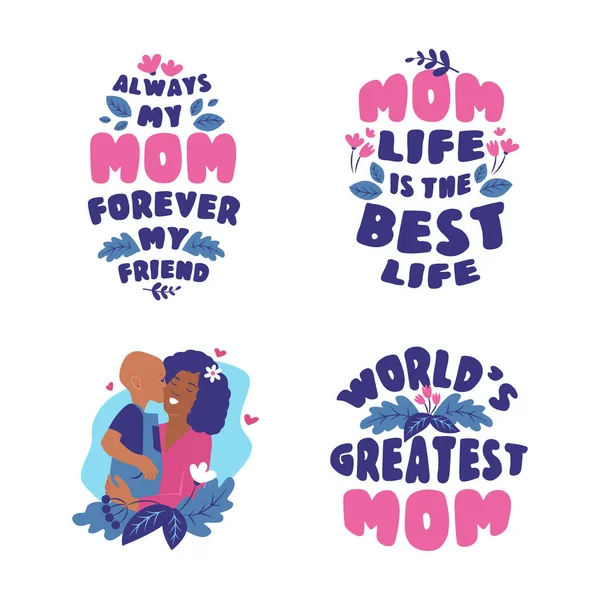 Un conjunto de diseño de letras y pegatina mamá e hijo es bueno para el día de las madres — Vector de stock