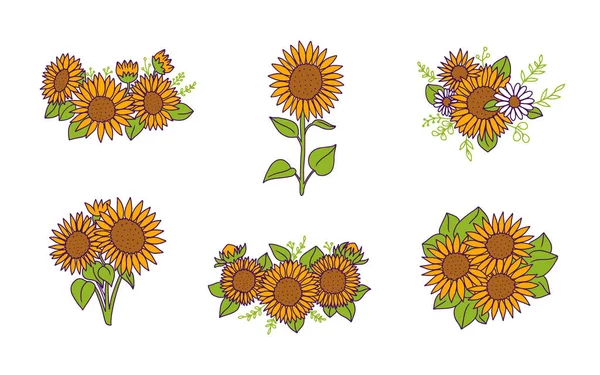 A set of sunflowers is a vector illustration. The clipart for spring, summer designs — Stock Vector