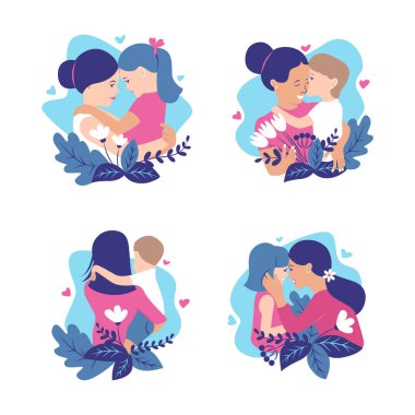 Anneler ve bebekler birbirine sarılıyor. Oğlu ve kızı.